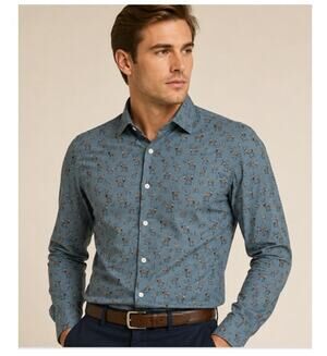 Culturata Italy Deer Print Button Shirt Men M 15 3/4 Blue Gray Tailored Fit